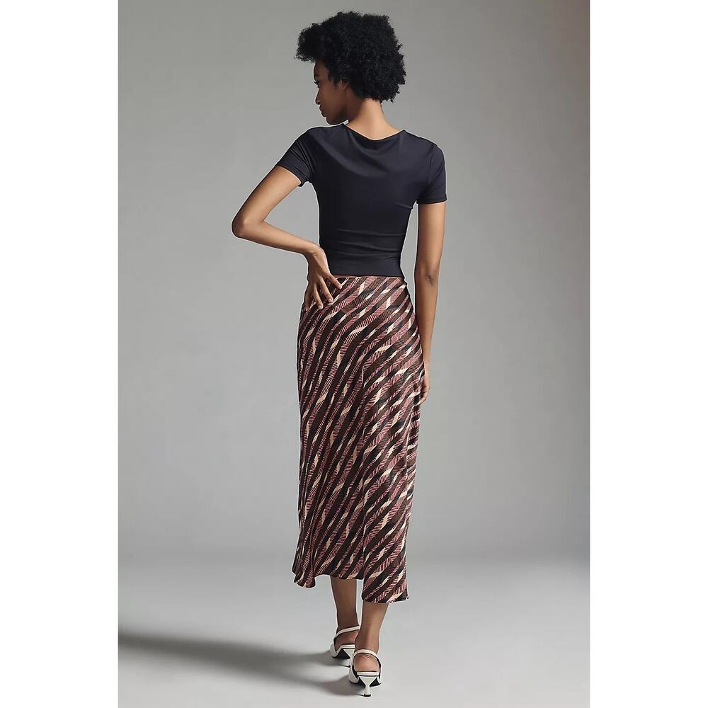 Anthropologie Satin Slip Midi Skirt Small Neutral Print Brown Red Tan y2k - Picture 2 of 10